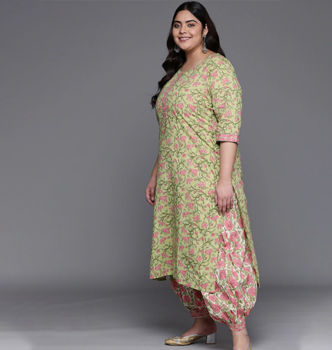 Women Green Floral Printed Pure Cotton Kurta with Salwar & With Dupatta